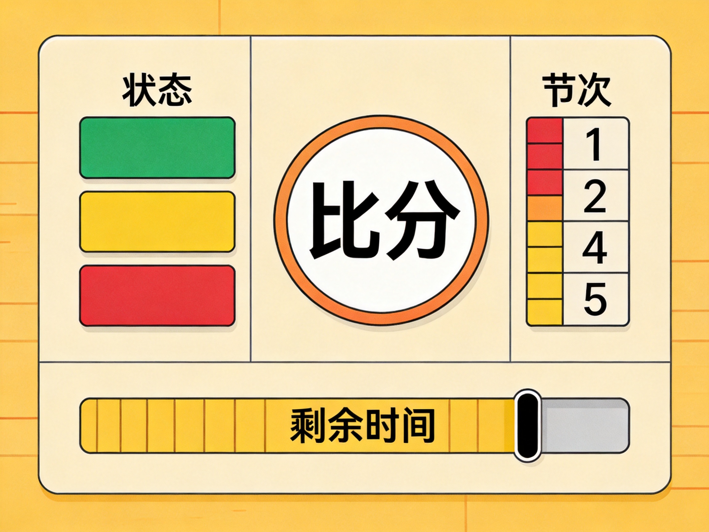 篮球比分页面字段结构示意，包含比分、状态、节次与剩余时间